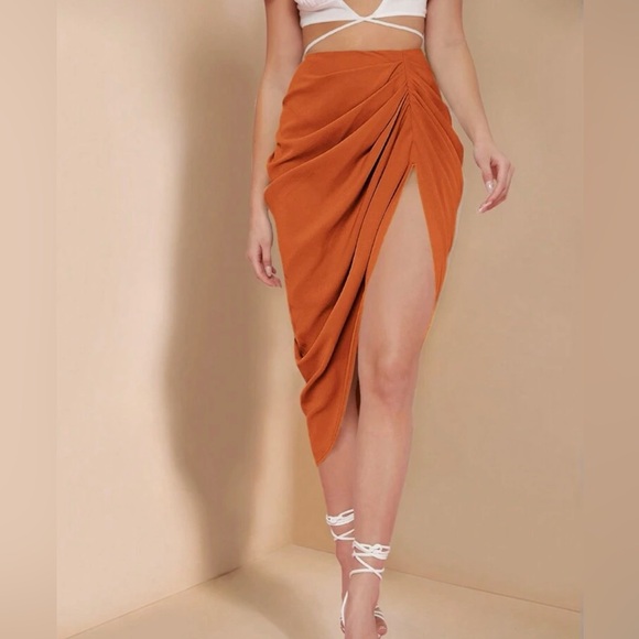 SHEIN Dresses & Skirts - SHEIN High-Slit Ruched Burnt Orange Midi Skirt